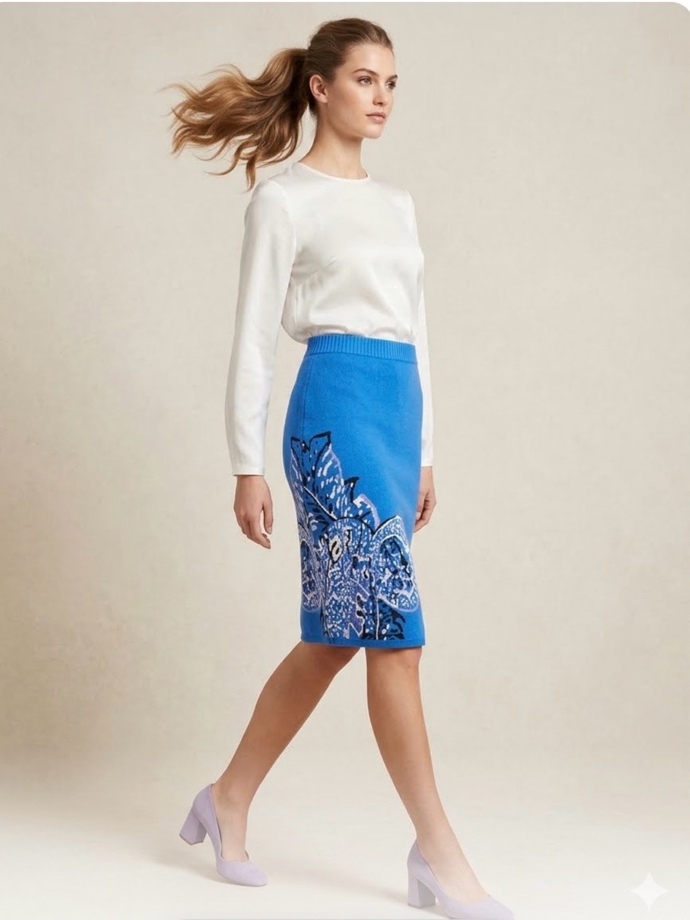 Etcetera Skirt Size Small Blue Knit Pencil Skirt with Floral Detail